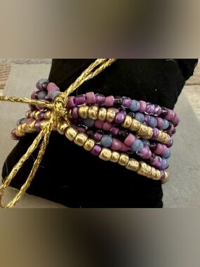 Gold & Purple Beaded Bracelet Set of 6